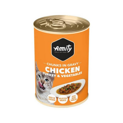 Amity Chunks WF Gato Pollo Pavo & Vegetales 415 g Lata Húmedo
