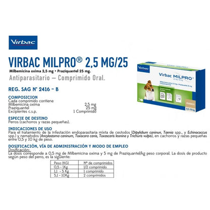 Virbac Milpro Perros 0,5 a 10 k (2,5 mg / 25 mg) x 2 Comprimidos