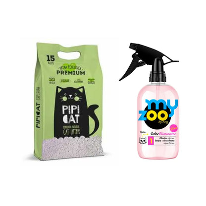 Pack Myzoo Odor Eliminator Plus con Gatillo Gatos 500 cc + Arena Pipicat Lavanda 15 k