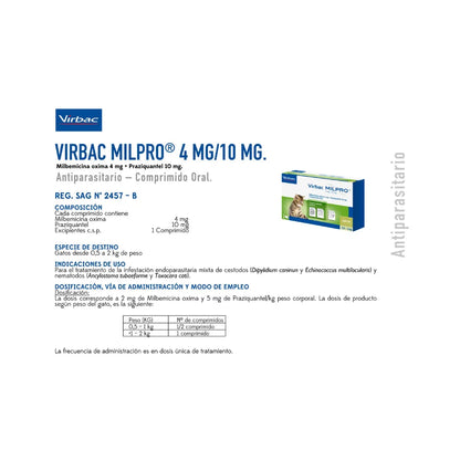 Virbac Milpro Gatos 0,5 a 2 k (4 mg / 10 mg) x 2 Comprimidos