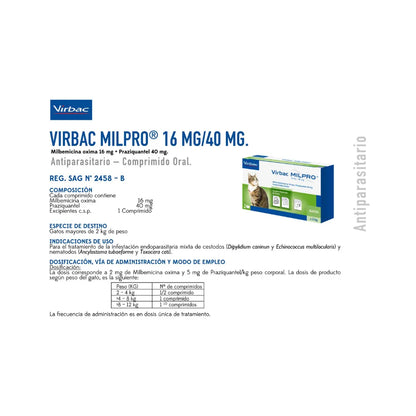 Virbac Milpro Gatos 2 k (16 mg / 40 mg) x 2 Comprimidos